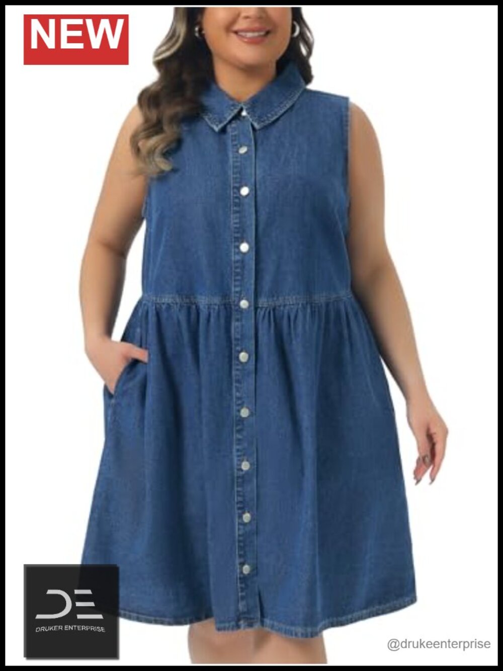 Plus Size Sleeveless Babydoll Button Down Midi Denim Dress